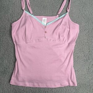 Pink ribbed cotton cami top lace trim button front adjustable straps size L